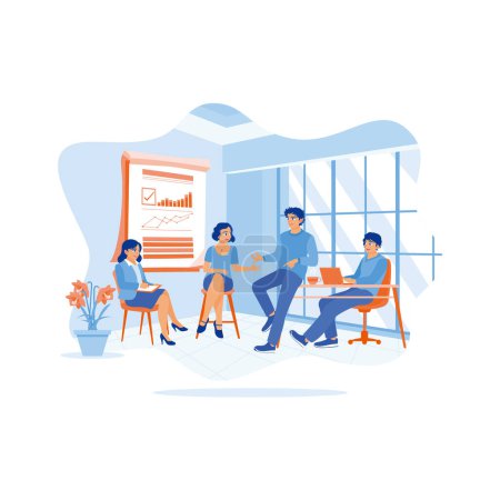 Illustration for Diverse and happy colleagues are sitting together in the meeting room. Exchange ideas and discuss financial statistics together. Briefings concept. trend modern vector flat illustration - Royalty Free Image