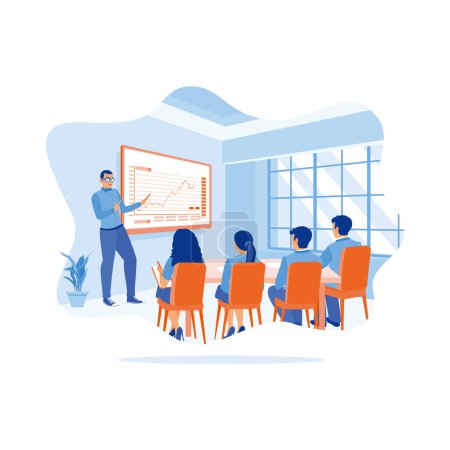 Illustration for A businessman in glasses is standing next to the projector screen. Deliver educational workshop presentations to employees in the office. Briefings concept. trend modern vector flat illustration - Royalty Free Image