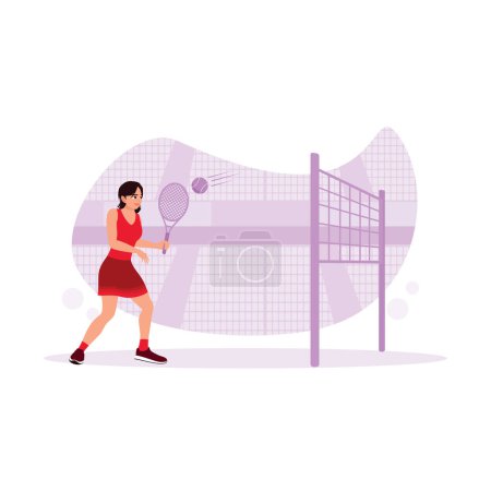 Illustration for Female tennis player hitting the ball with a racket close up. Female athletes energetically play on the field. Sports athlete concept. Trend Modern vector flat illustration - Royalty Free Image