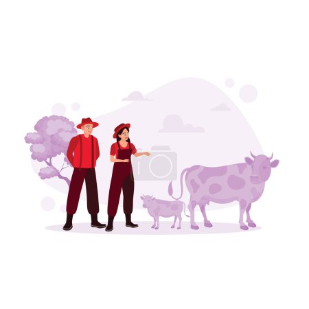 Téléchargez les illustrations : Un couple d'éleveurs paissent les vaches dans le champ. Ils sont heureux de voir le développement sain du bétail. Concept de relation. Tendance Illustration plate vectorielle moderne - en licence libre de droit