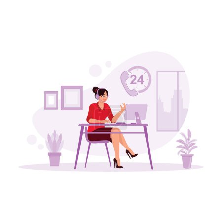 Illustration for Friendly young woman using a headset while working in a call center. Customer service works 24 hours 7 days. Office concept. Trend Modern vector flat illustration - Royalty Free Image
