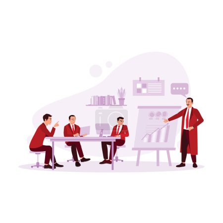 Illustration for Businessman making project presentation on a flip chart. Businessman giving briefing during a meeting with colleagues in office. Office concept. Trend Modern vector flat illustration - Royalty Free Image