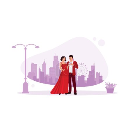 Illustration for Graceful and elegant young couple holding wine glasses in their hands. Standing against the backdrop of urban views. Relationship concept. Trend Modern vector flat illustration - Royalty Free Image