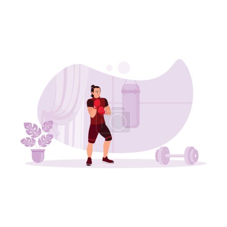Illustration for Professional boxer training in a modern gym hall. Muscular athletes with boxing gloves hit the target precisely. Sports athlete concept. Trend Modern vector flat illustration - Royalty Free Image