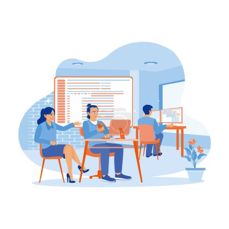 Illustration for Team of software developers working in a modern office. The junior development team discusses with the senior development team within the office. APP devs concept. trend modern vector flat illustration - Royalty Free Image