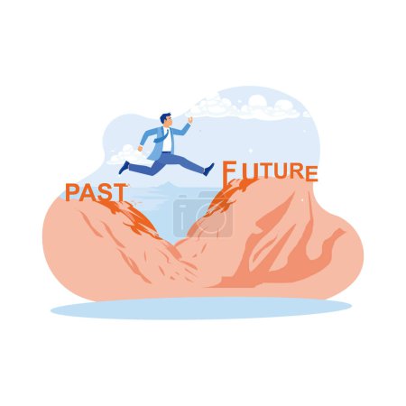 Entrepreneurs jump from the cliff of the past to the future. Go ahead and continuously improve the concept. trend modern vector flat illustration