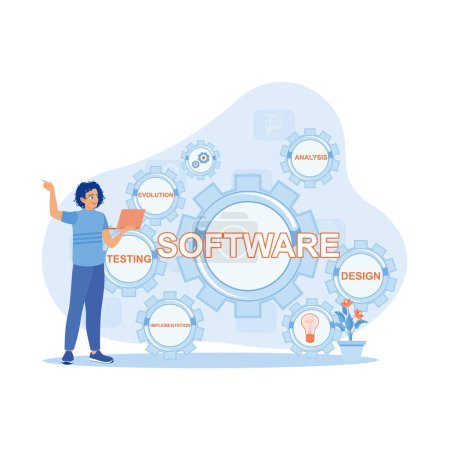 Illustration for Computer experts develop software and automate business processes in modern offices. I am using a laptop and technology on a virtual screen. Software developers concept. trend modern vector flat illustration - Royalty Free Image