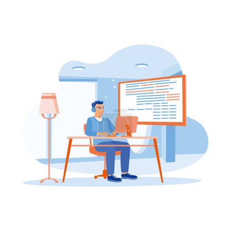 Illustration for Young man working from home. Developing software programming code using a computer laptop. Software developers concept. trend modern vector flat illustration - Royalty Free Image