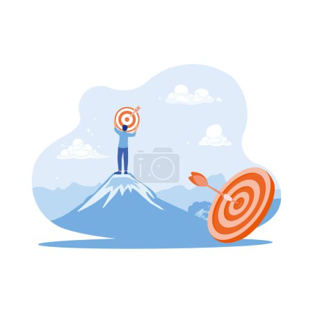 Illustration for Businessman holding target board on a mountain top. Efforts to achieve goals. Marketing concept. trend modern vector flat illustration - Royalty Free Image