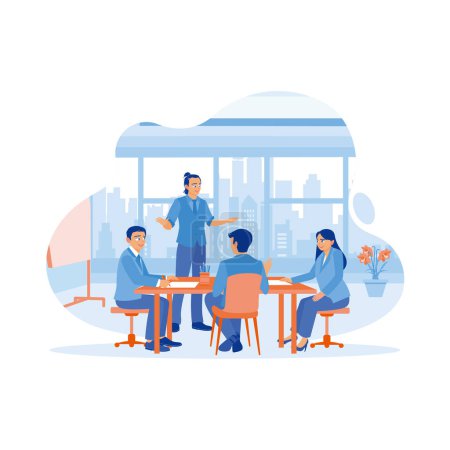 Illustration for A mature man leads meetings with diverse coworkers in the office. Colleagues listen to the meeting leader's explanation and exchange ideas. Business people in office workplace concept. Trend Modern vector flat illustration - Royalty Free Image
