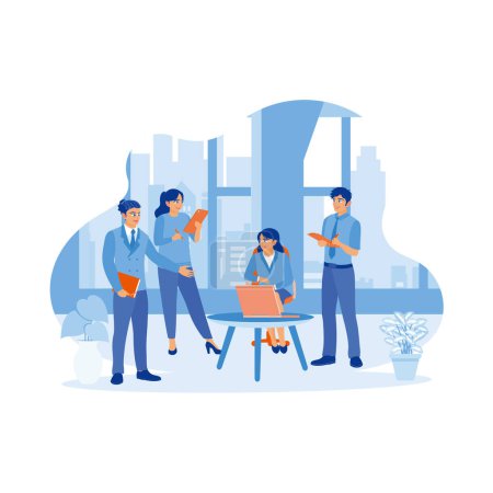 Illustration for Diverse business people have meetings in the modern workspace. Using laptops and digital tablets during sessions. Business people in office workplace concept. Trend Modern vector flat illustration - Royalty Free Image