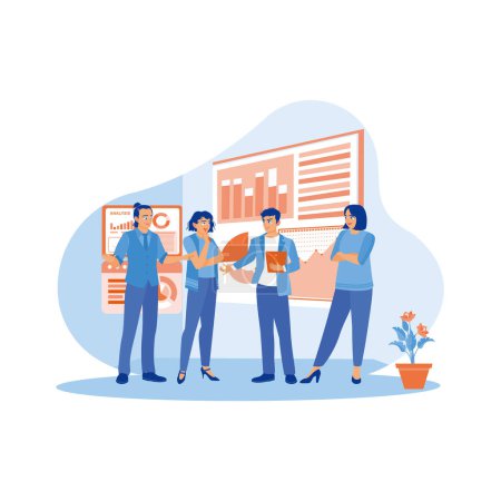 Illustration for Business team standing inside the office. They discuss and brainstorm with each other in the business of mobile application software design projects. Teamwork meeting concept. trend modern vector flat illustration - Royalty Free Image