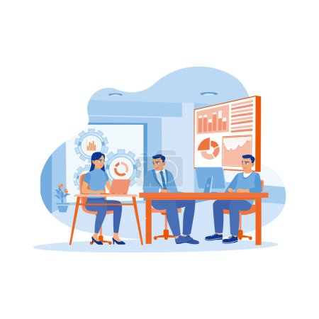 Illustration for A young businesswoman leads a discussion during a meeting with her colleagues. Diverse businesspeople are working together on a new work project in the office. Business people in office workplace concept. trend modern vector flat illustration - Royalty Free Image