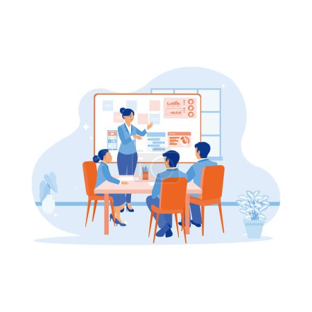 Illustration for The female manager leads a business creative team meeting in a mobile app software design project. Discuss with each other during meetings in the office. Teamwork meeting concept. trend modern vector flat illustration - Royalty Free Image