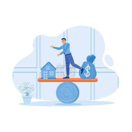Illustration for Businessman standing on seesaw inside the house. Maintain a balance between the house model and the money in the sack. House Model Balance Equilibrium concept. Trend Modern vector flat illustration - Royalty Free Image