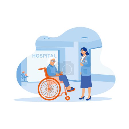 Illustration for Adult female patient sitting in a wheelchair. A young doctor helps examine patients in the hospital. Elderly patient concept. Trend Modern vector flat illustration - Royalty Free Image