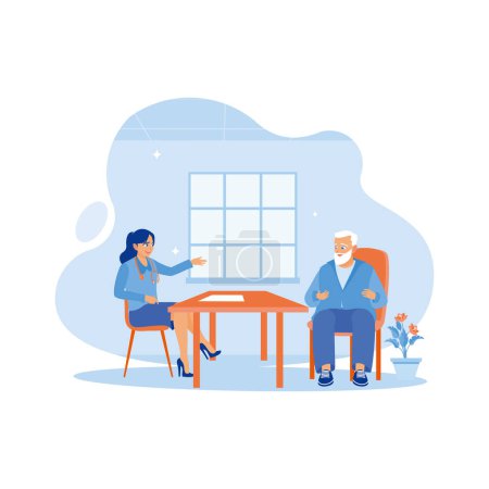Illustration for Senior man consulting with a doctor in the hospital. The patient tells the doctor about health complaints. Elderly patient concept. Trend Modern vector flat illustration - Royalty Free Image
