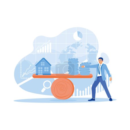 Illustration for A businessman's hand points to a small house model and a pile of coins on a seesaw. Background graphics on the screen. House Model Balance Equilibrium concept. Trend Modern vector flat illustration - Royalty Free Image