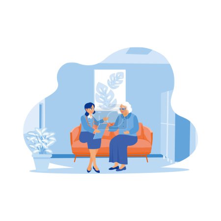 Illustration for The doctor practitioner is sitting with the adult female patient on the sofa. Doctor showing results of medical examination of an adult female patient. Elderly patient concept. Trend Modern vector flat illustration - Royalty Free Image