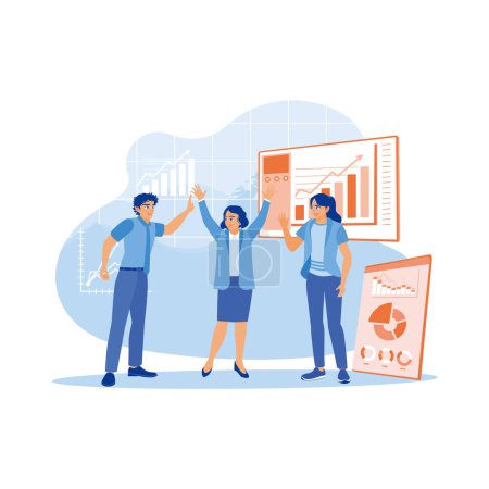 Illustration for The manager presents the work results to the work team in the office. The manager gave a high five to his two work assistants. Success and happiness teamwork concept. trend modern vector flat illustration - Royalty Free Image