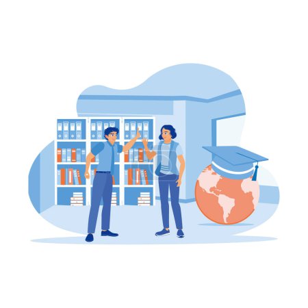 Illustration for High five each other in the school library. Celebrating success, the results of good cooperation. Success and happiness teamwork concept. trend modern vector flat illustration - Royalty Free Image