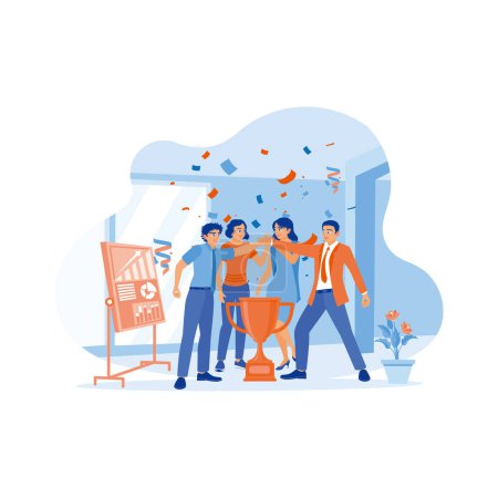 Illustration for Diverse and happy business team celebrating success and having fun together. The business team standing and throwing confetti in the office. Success and happiness teamwork concept. trend modern vector flat illustration - Royalty Free Image