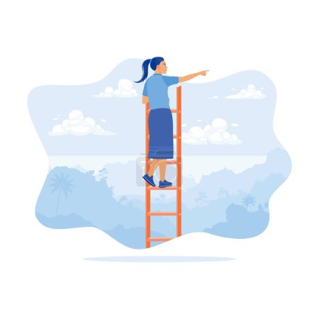 Illustration for Young woman standing on stairs with beautiful view. Looking into the distance and pointing somewhere. Career Development Concept. trend modern vector flat illustration - Royalty Free Image
