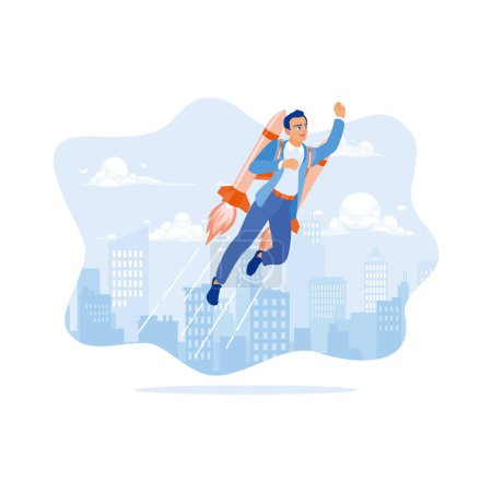 Illustration for A young businessman is flying with a rocket on his back. The background is a city view with skyscrapers. Career Development Concept. trend modern vector flat illustration - Royalty Free Image