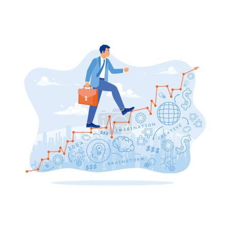 Illustration for A businessman carrying a briefcase walking on a graph building a new business idea. Business icons are drawn under the stairs. Career Development Concept. trend modern vector flat illustration - Royalty Free Image