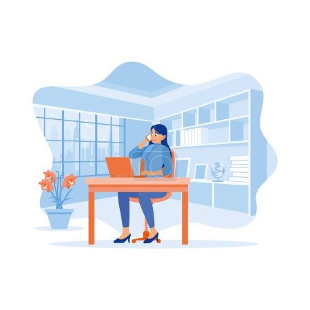 Illustration for Friendly young businesswoman busy working on laptop. Making telephone calls with clients in the office at night. Employee Making concept. trend modern vector flat illustration - Royalty Free Image