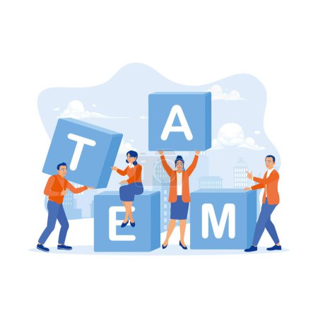 Illustration for Creative office employee connecting blocks with the word TEAM. The concept of close teamwork. Employee Making concept. trend modern vector flat illustration - Royalty Free Image