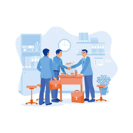 Illustration for Happy business partners shaking hands after reaching an agreement. Negotiation process during a meeting in the office. Employee Making concept. trend modern vector flat illustration - Royalty Free Image