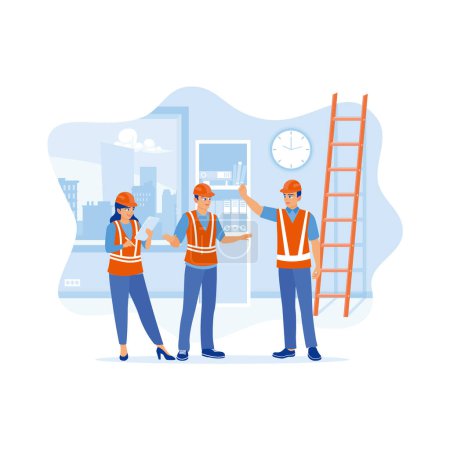 Illustration for Engineers and architects work in the interior construction process of a house. Using a digital tablet to record information when inspecting construction work. Discuss Information concept. trend modern vector flat illustration - Royalty Free Image