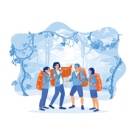 Illustration for Four young tourists with backpacks on their backs got lost in the forest while on a tourist trip. They discussed and looked for a way to get out of the forest. Tourist Guide concept. trend modern vector flat illustration - Royalty Free Image