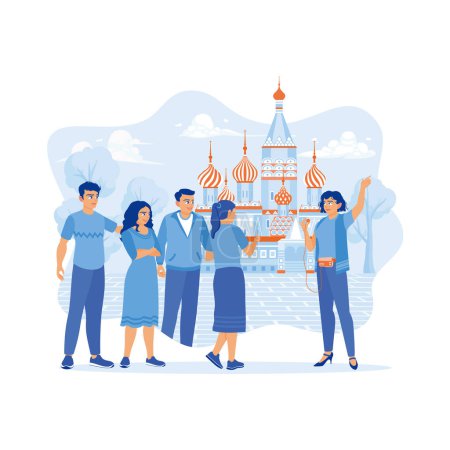 Illustration for Young tourists go on a tourist trip. They listened to the explanation of a girl who worked as a tour guide on a walking tour. Tourist Guide concept. trend modern vector flat illustration - Royalty Free Image