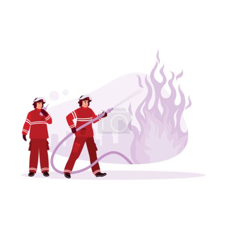 Téléchargez les illustrations : Les pompiers en uniforme complet éteignent le feu à l'aide de flammes et de gros tuyaux. Éteindre le feu à l'extérieur avec des bâtiments à plusieurs étages en arrière-plan. Diverses professions gens concept. Tendance Illustration plate vectorielle moderne - en licence libre de droit