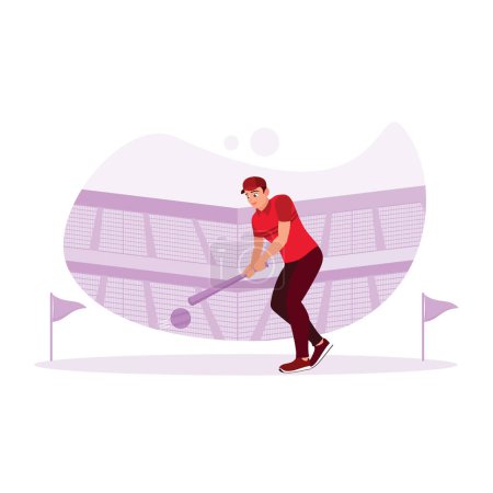 Illustration for Professional baseball players in action in a large arena. Baseball player hitting the ball with a bat close up. Sports athlete concept. Trend Modern vector flat illustration - Royalty Free Image