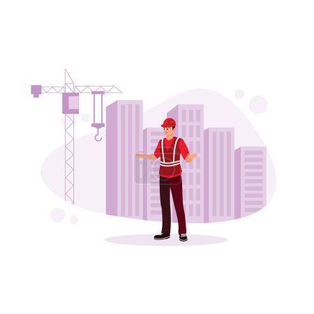 Illustration for Architect engineer standing at building construction site wearing safety helmet. Male architect engineer working on building construction project. Various occupations people concept. Trend Modern vector flat illustration - Royalty Free Image