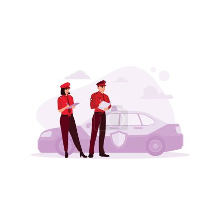 Illustration for Two different police officers wearing uniforms are standing next to a police car. They write traffic well and are relaxed on the road. Various occupations people concept. Trend Modern vector flat illustration - Royalty Free Image