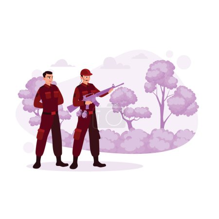 A soldier is carrying a gun, and another soldier is standing behind him. Carrying out military operations in the forest. Various occupations people concept. Trend Modern vector flat illustration