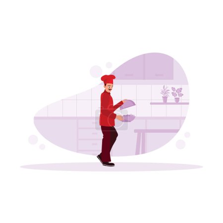 Illustration for A male chef wearing a cloche cover cooks in the kitchen. Serving delicious food. Various occupations people concept. Trend Modern vector flat illustration - Royalty Free Image