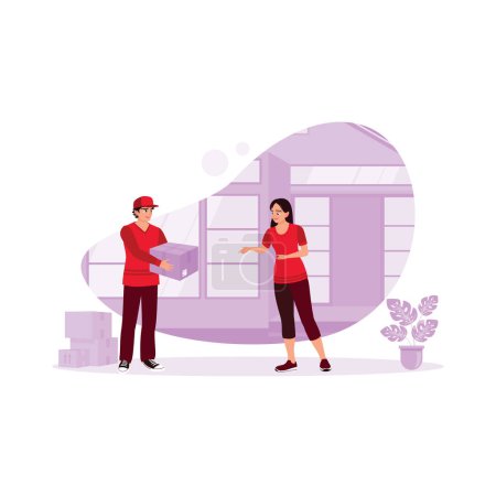 Illustration for A young man works as an expedition courier. Deliver the package box to the recipient's address. Various occupations people concept. Trend Modern vector flat illustration - Royalty Free Image