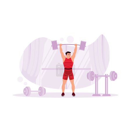 Illustration for Strong and active weightlifter training in the modern sports hall. He lifted a heavy barbell with both hands above his head. Sports athlete concept. Trend Modern vector flat illustration - Royalty Free Image