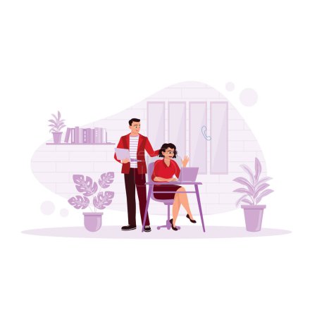 Illustration for Happy coworkers using laptop computers while working. They work together on business projects in the office. Relationship concept. Trend Modern vector flat illustration - Royalty Free Image
