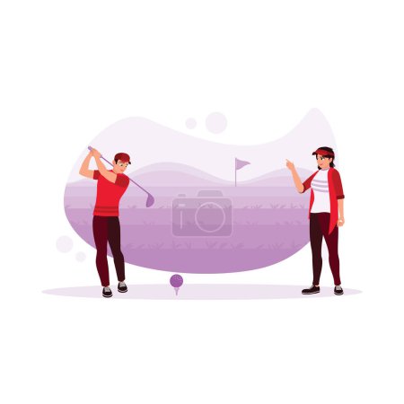 Illustration for Male and female golfers play golf on the course. They played golf while enjoying the view around the system. Sports athlete concept. Trend Modern vector flat illustration - Royalty Free Image