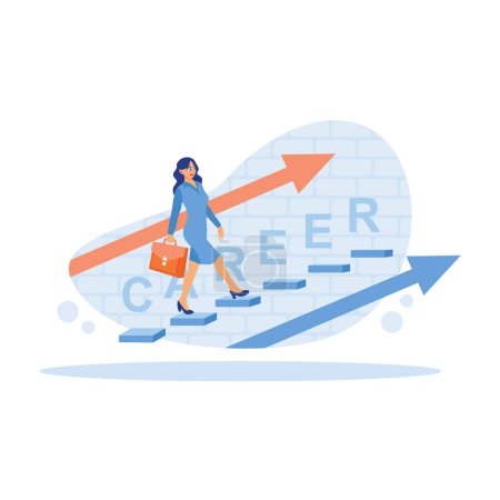 Illustration for A young businesswoman walks up the stairs while carrying a briefcase in hand. Leadership and career development. Career Development Concept. Trend Modern vector flat illustration - Royalty Free Image