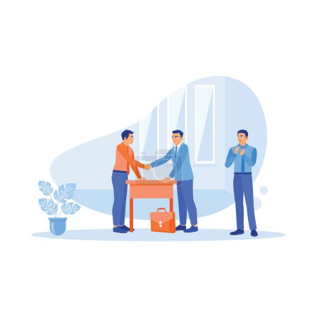 Illustration for Happy business partners shaking hands on the table. Make a mutual agreement after successful negotiations. Employee Making concept. Trend Modern vector flat illustration - Royalty Free Image