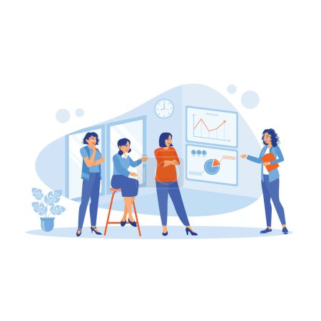 Illustration for Female chief analyst holding a presentation with a team of economists in office. They analyze graphs, growth, statistics and office financial data. Growth Analysis Concept. Trend Modern vector flat illustration - Royalty Free Image