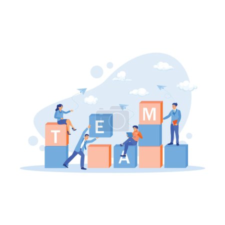 Ilustración de Diversos empleados de oficina organizan bloques de letras para formar la palabra TEAM. Cerrar el trabajo en equipo en los negocios. Concepto de Empleado. Tendencia Moderno vector ilustración plana - Imagen libre de derechos