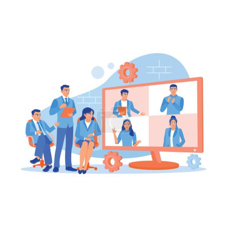 Illustration for Some office staff have an online meeting with business colleagues. Diverse business partners emerge from the computer screen. Discuss Information concept. trend modern vector flat illustration - Royalty Free Image